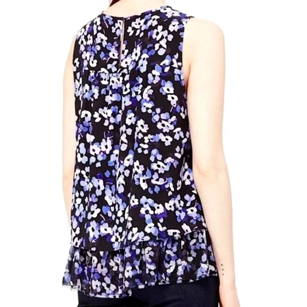 Kate Spade Black Purple Hydrangea Floral Print Layered Ruffle Blouse Top Medium